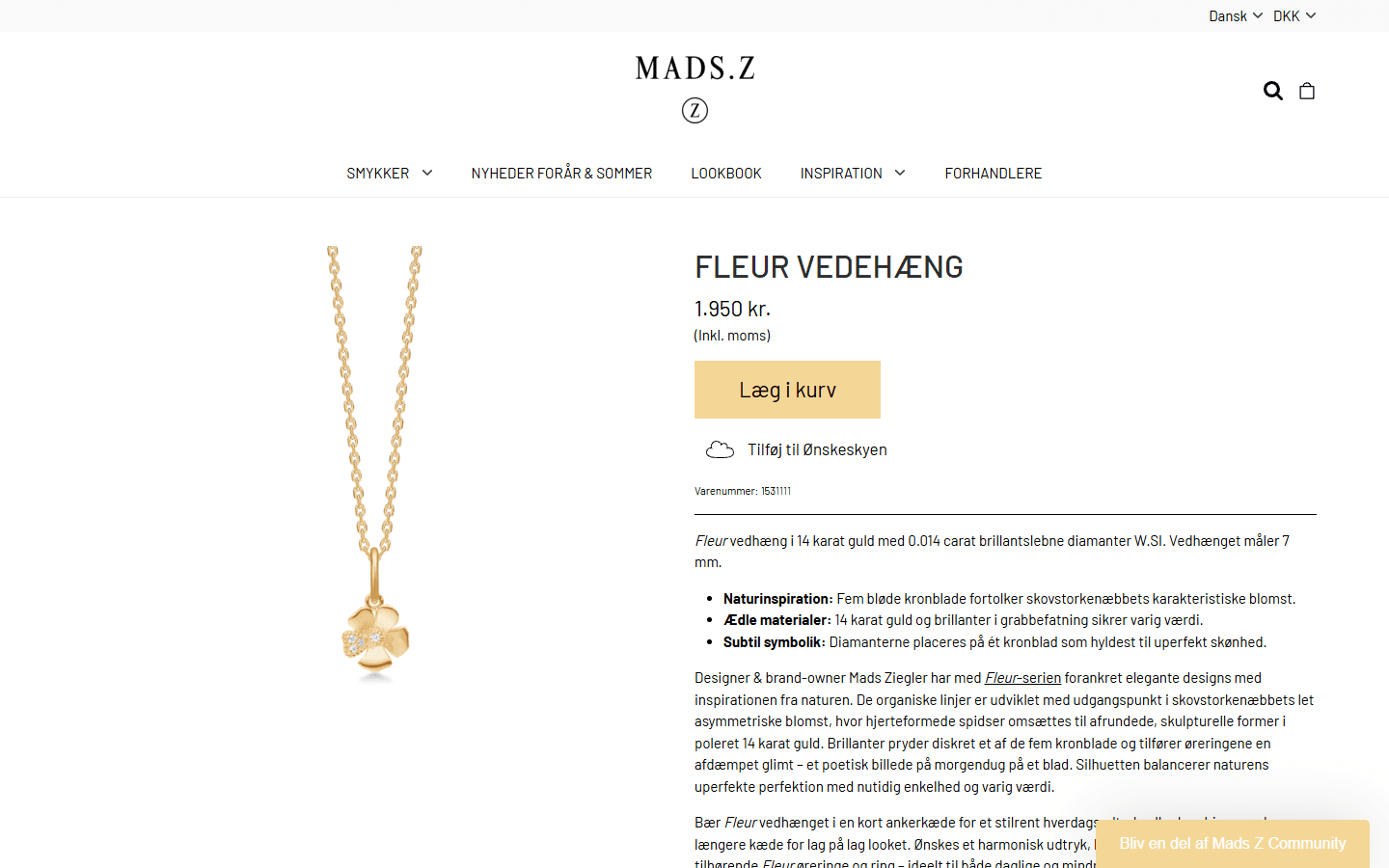 Mads Z produktside på desktop