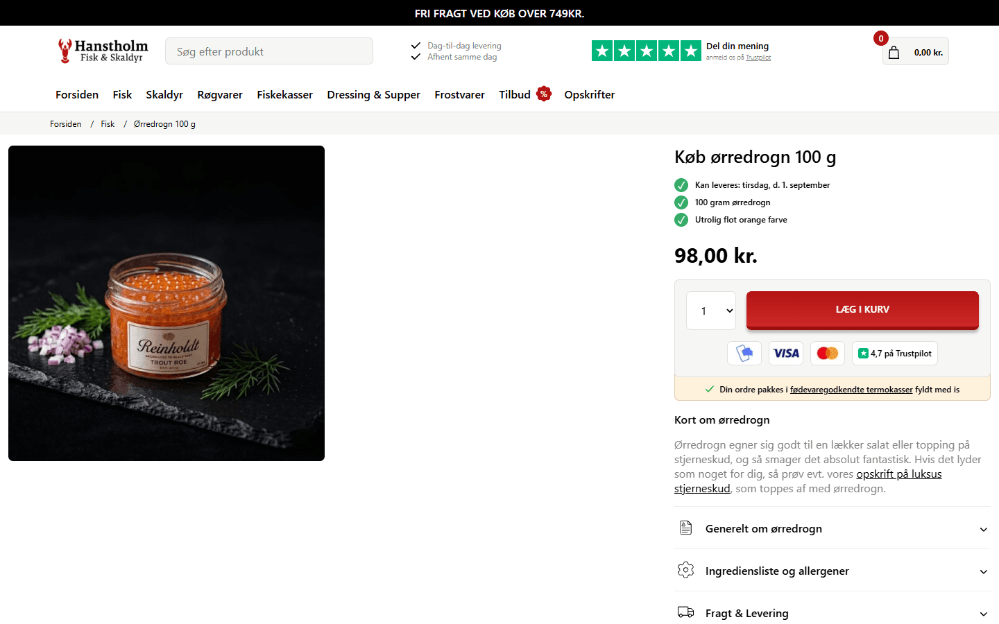 Hanstholm Fisk & Skaldyr produktside på desktop