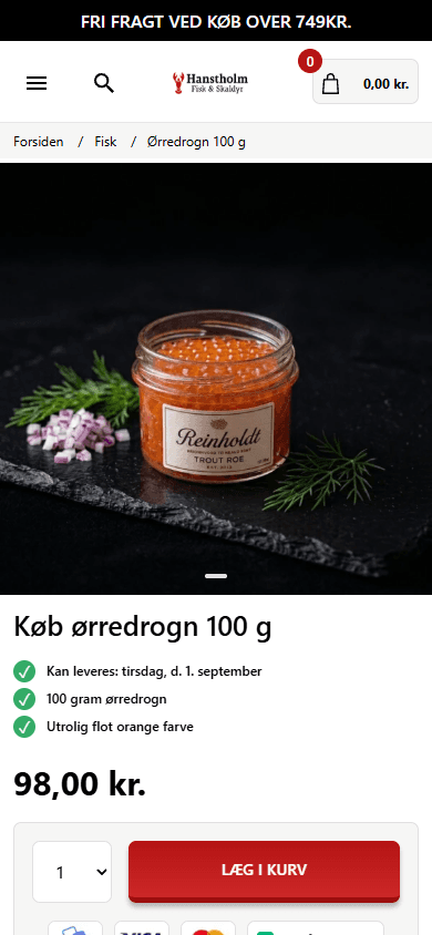 Hanstholm Fisk & Skaldyr produktside på mobil