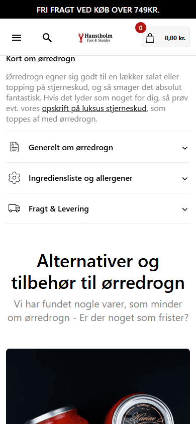 Hanstholm Fisk & Skaldyr produktside på mobil