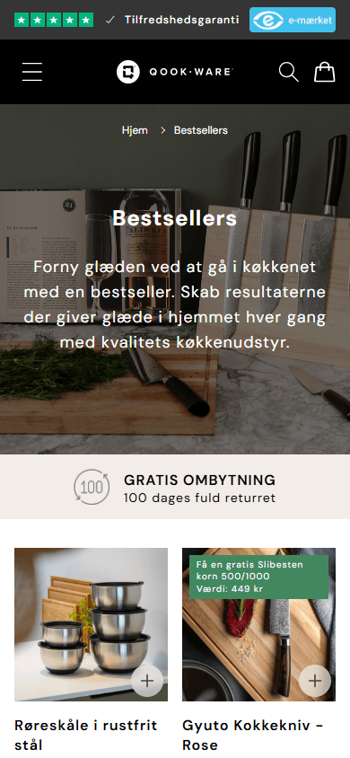 Qookware kategoriside på mobil