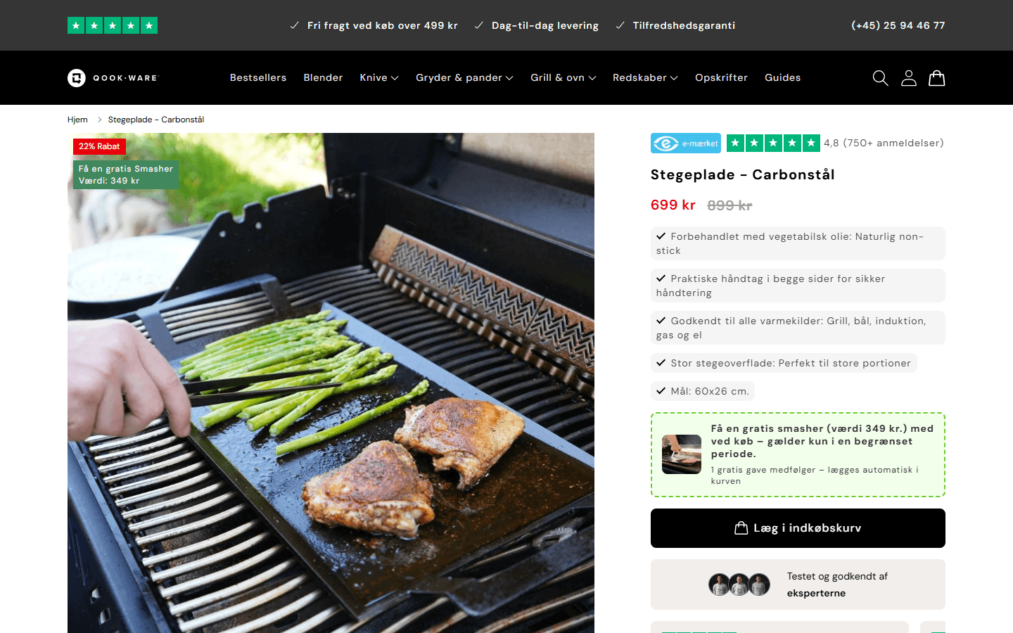 Qookware produktside på desktop
