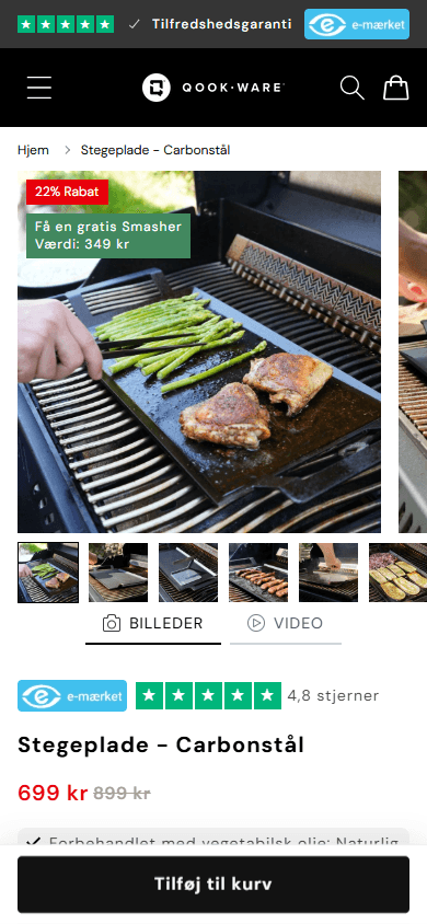 Qookware produktside på mobil